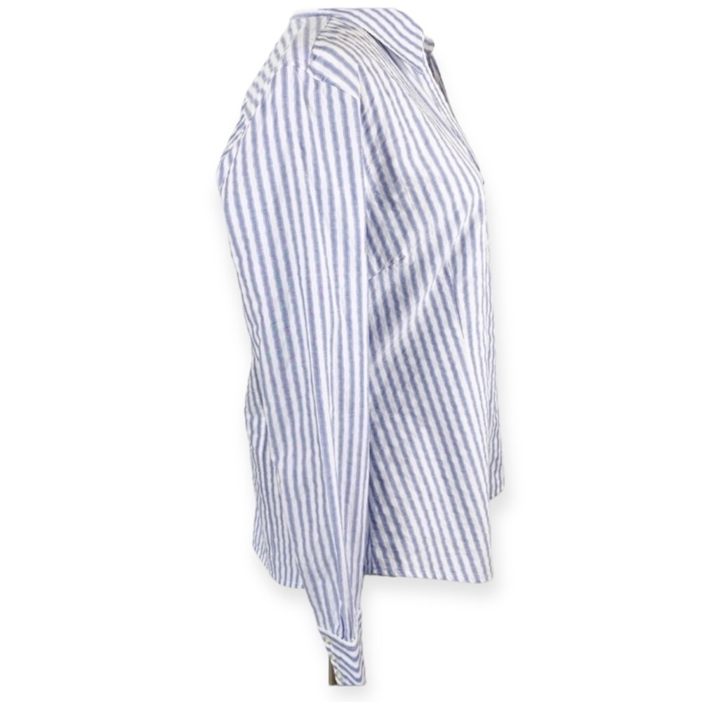 𝅺Chico’s Ladybird Stripe Ellsbury Shirt Button Down White Blue Medium Academia - Picture 5 of 8